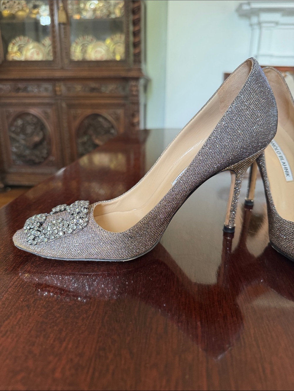 Manolo Blahnik Hangisi Silver Embellished Women's Pumps 37 - Picture 3 of 13